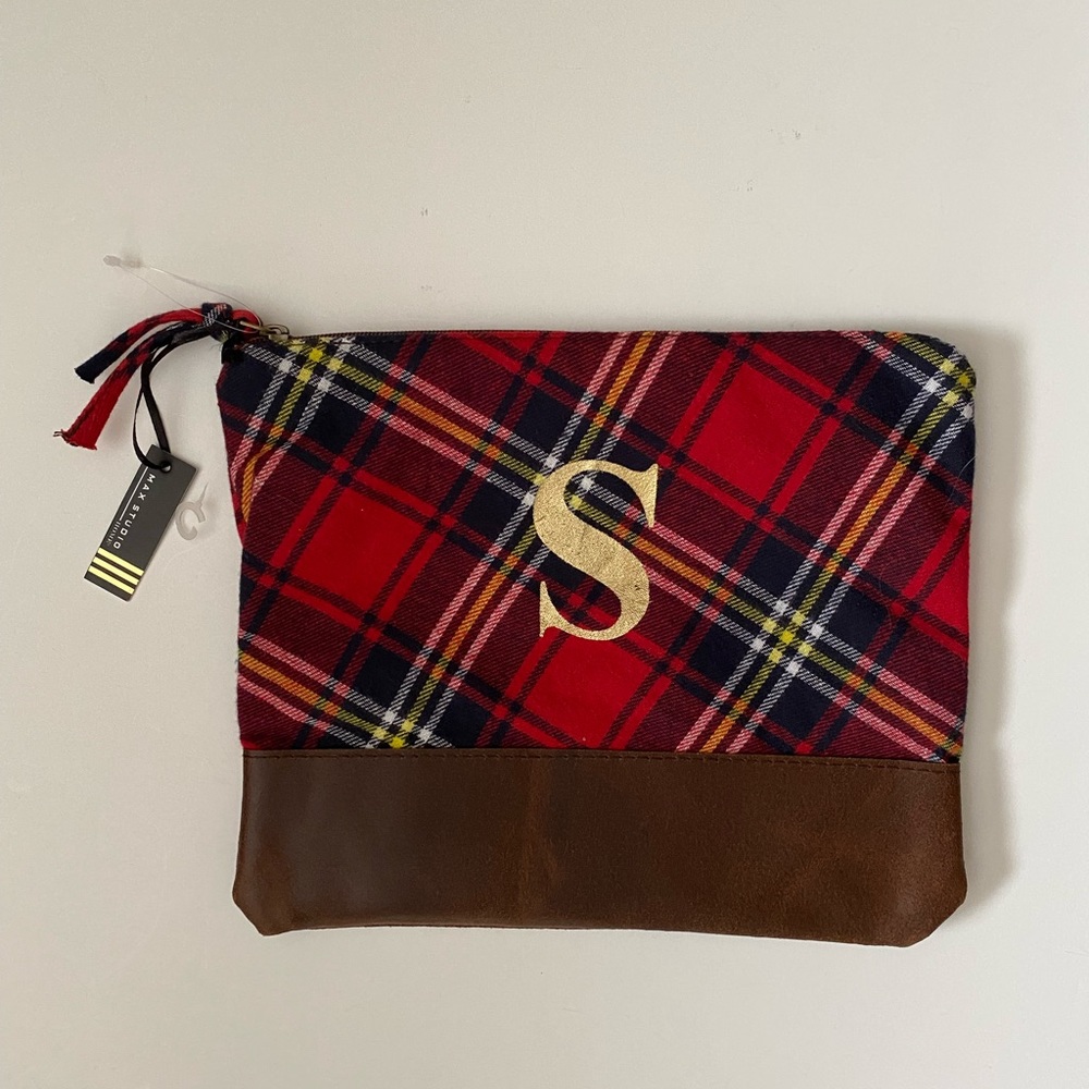 Max studio plaid cosmetic toiletry Bag 10” x 9” letter S